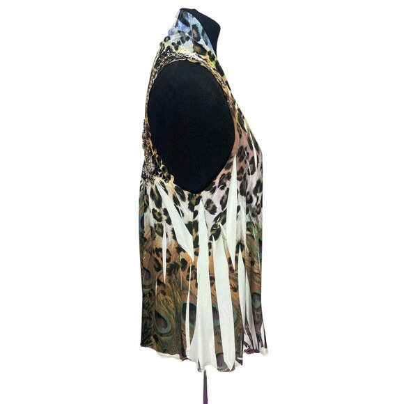 Reina Peacock & Animal Print Sleeveless Cardigan‎ Open Knit Detail Size Large - Picture 2 of 13